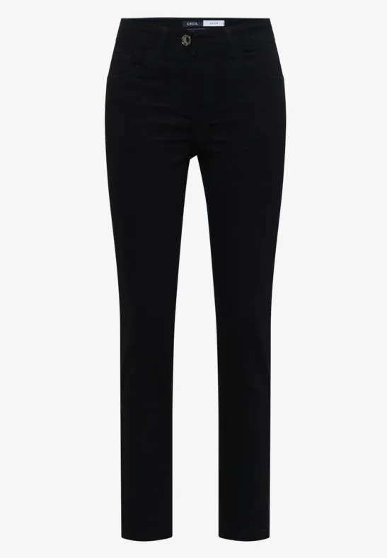 Pantalon noir droit, coupe ajustée et taille standard.