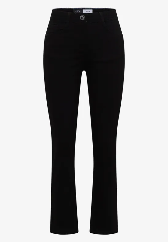 Pantalon noir ajusté pour femme, taille haute et coupe légèrement évasée