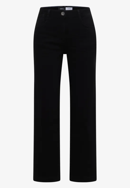 Pantalon noir taille haute, coupe ample et jambe droite, design épuré pour un style polyvalent.