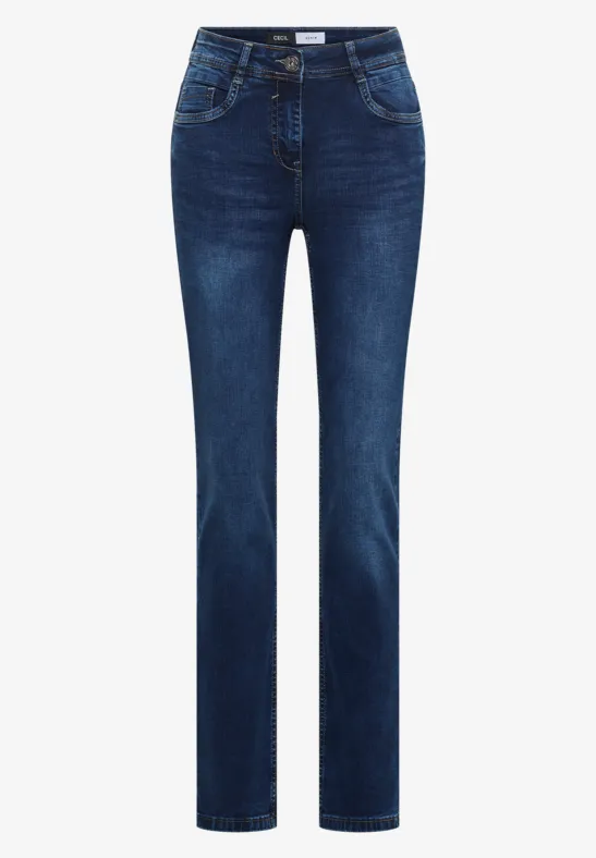 Dunkelblaue, gerade geschnittene Jeans mit klassischem Five-Pocket-Design und normaler Taille.