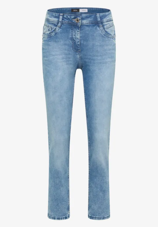 Jean femme droit, bleu clair, coupe classique, 5 poches, effet délavé léger