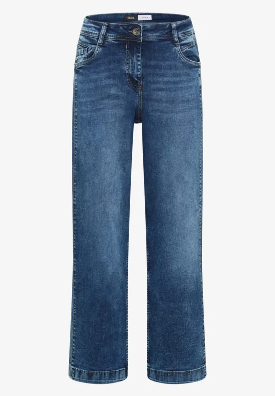 Un jean bleu classique à taille haute, coupe droite et jambes larges.