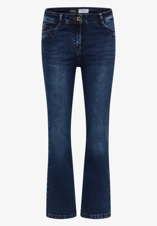 Dunkelblaue Schlagjeans aus Denim mit hohem Bund und ausgestelltem Bein.