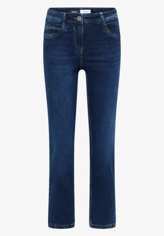 Dunkelblaue Jeans mit geradem Schnitt und fünf Taschen, schlichtes Design.