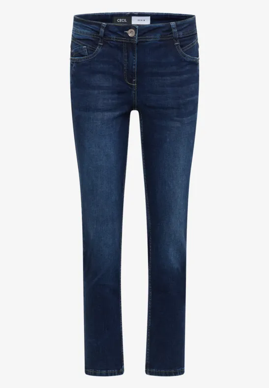 Dunkelblaue, schmal geschnittene Jeans mit fünf Taschen und Knopf- und Reißverschluss.
