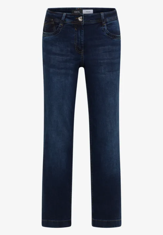 Dunkelblaue Jeans mit geradem Bein, fünf Taschen und Knopfverschluss.