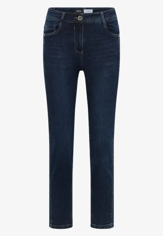 Jean bleu foncé pour femme, coupe droite avec cinq poches classiques.