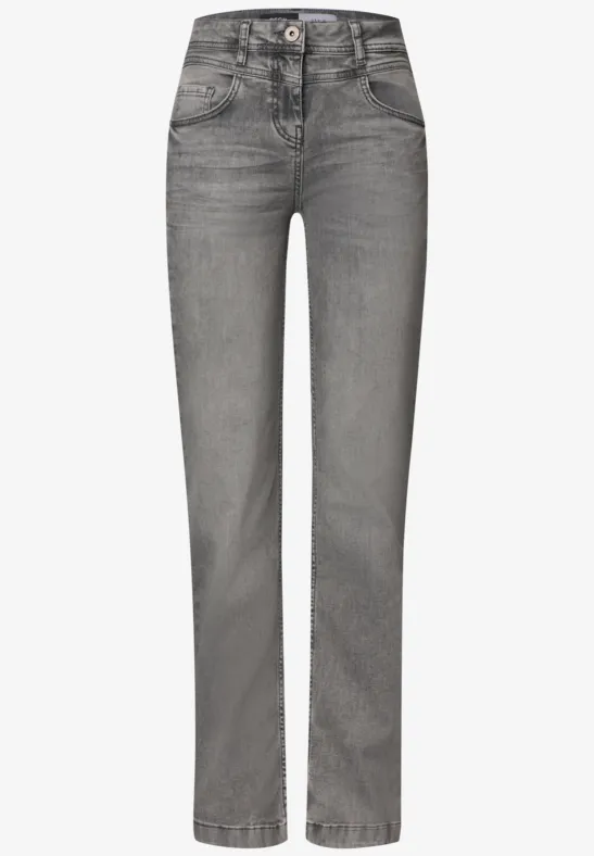 Grijze jeans met rechte pasvorm, vijf zakken en een klassieke knoop-ritssluiting.