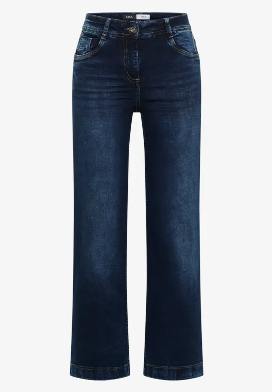 Dunkelblaue Jeans mit weitem Bein und klassischen Taschen.
