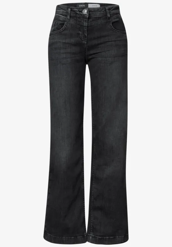 Zwarte high-waist jeans met bootcut pijpen, vijf zakken en knoopsluiting.