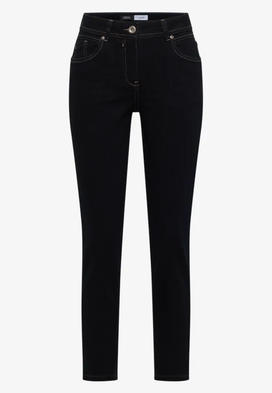 Schwarze Slim-Fit-Jeans mit hohem Bund, schmalem Schnitt und klassischen Taschen.