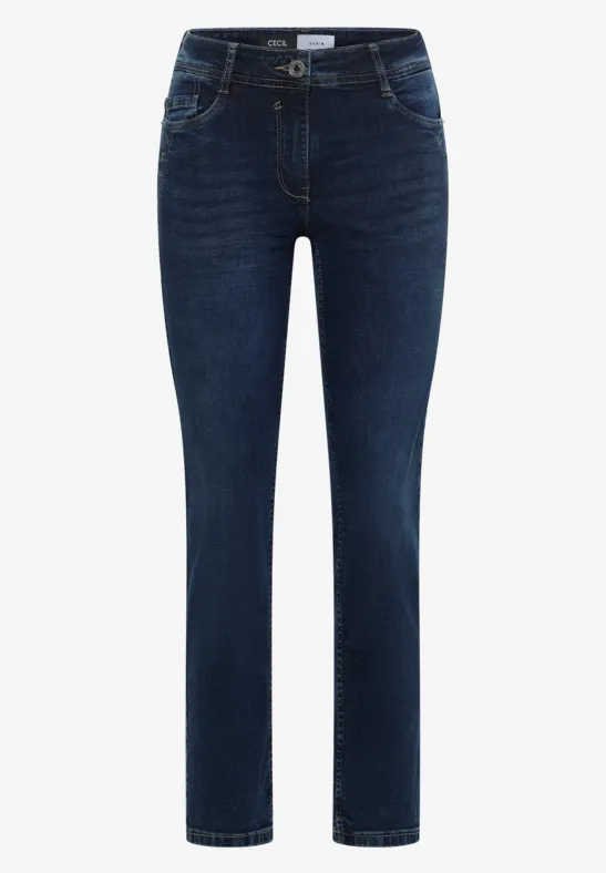 Dunkelblaue Damenjeans mit geradem Schnitt und klassischen Taschen.