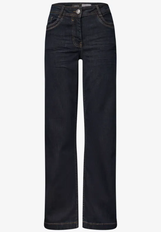 Dunkle, gerade geschnittene Jeans mit Knopf- und Reißverschluss, hoher Taille und klassischer Taschenanordnung