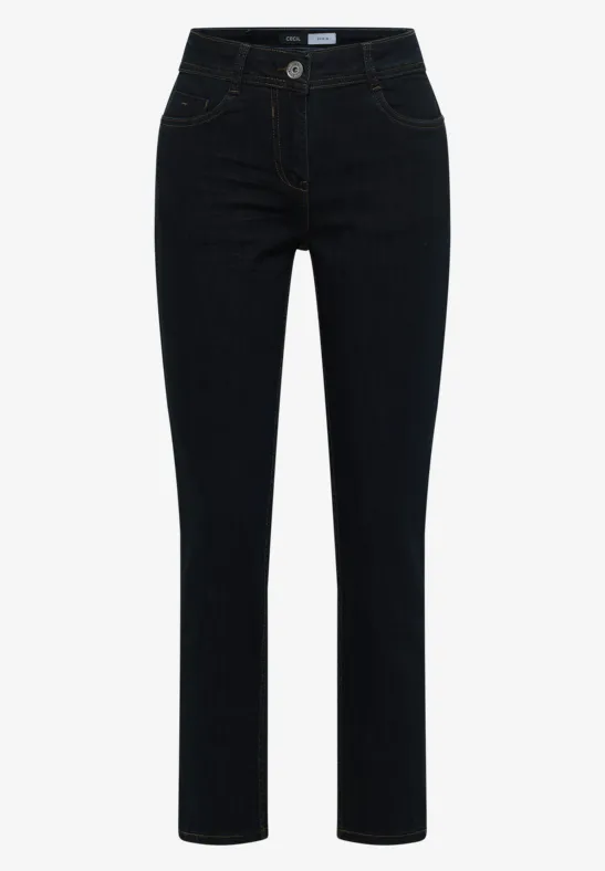 Schwarze, gerade geschnittene Jeans mit klassischem Five-Pocket-Stil, hoher Taille und leichtem Stretch.