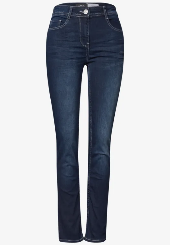 Donkerblauwe, hoog getailleerde jeans met rechte pijpen en klassiek vijfzakkenmodel.