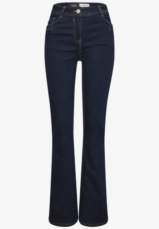 Dunkelblaue Jeans mit hohem Bund und ausgestelltem Bein im Vintage-Stil.