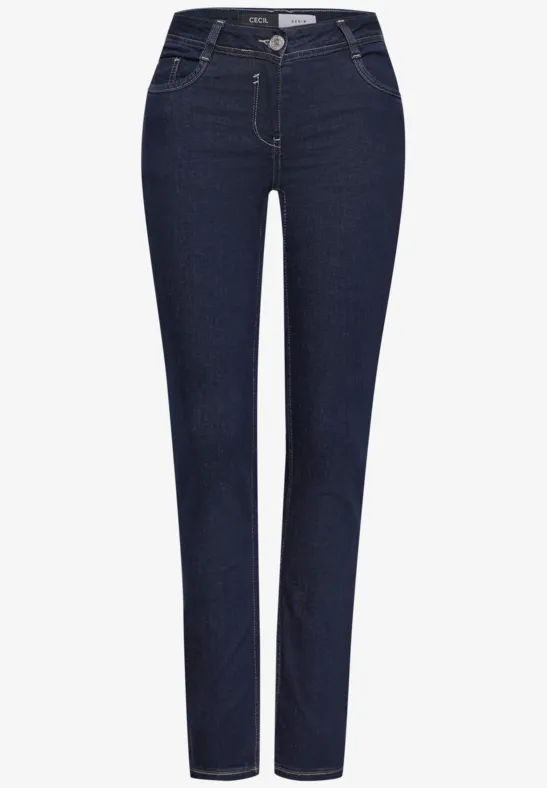 Dunkelblaue Damenjeans in geradem Schnitt mit fünf Taschen und mittlerer Taille.