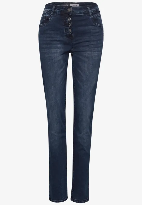 Donkerblauwe, rechte damesjeans met hoge taille en knoopsluiting.