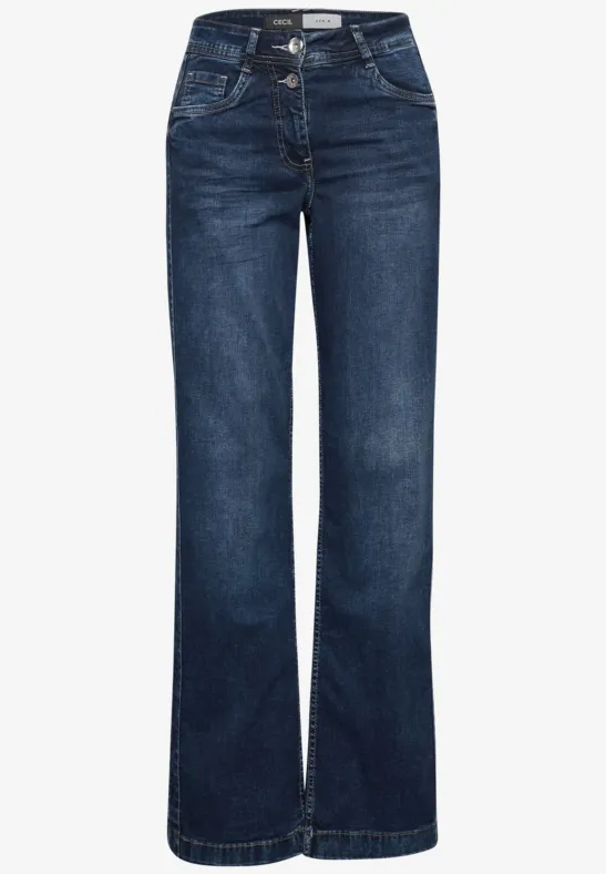Dunkelblaue Jeans mit weitem Bein, hoher Taille und klassischem Fünf-Taschen-Design.