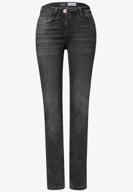 Schwarze, gerade geschnittene Jeans mit hoher Taille und klassischem Knopf- und Reißverschluss.