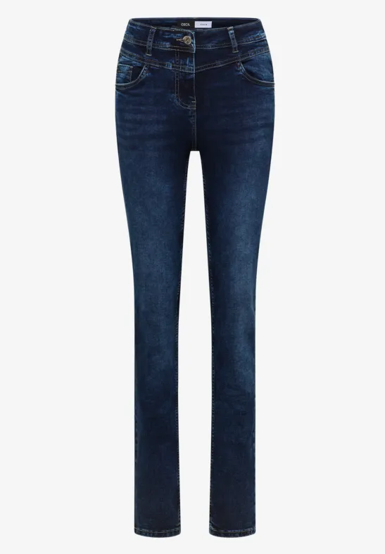 Dunkelblaue Jeans mit geradem Schnitt, klassischem Five-Pocket-Design und knöchellanger Passform.
