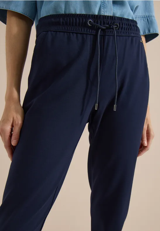Pantalon femme bleu marine à taille élastique avec cordon