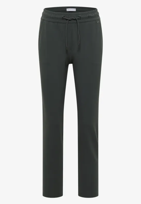 Eenvoudige donkergrijze joggingbroek met elastische tailleband en koordje.