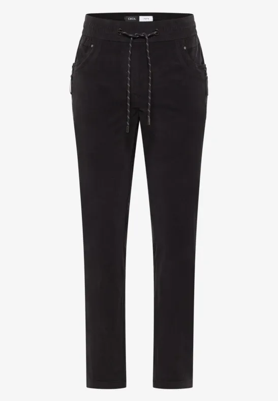 Schwarze Hose mit Kordelzug an der Taille, schlankem Schnitt und legerem Look.