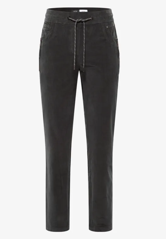 Schwarze Jeans mit hohem Bund, Kordelzug und geradem Bein.