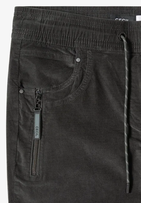 Schwarze Cordhose mit elastischem Bund, Tunnelzug und Reißverschlusstasche