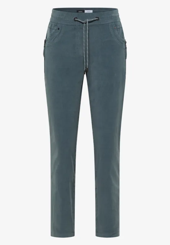 Dunkelgraue Hose mit Gummizug, Tunnelzugbund und seitlichen Eingrifftaschen.