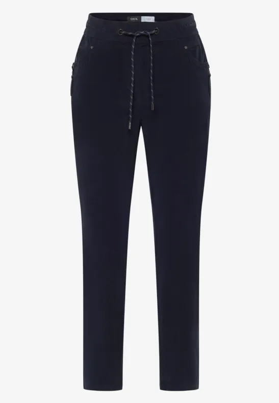 Dunkelblaue Hose mit elastischem Bund, Kordelzug und seitlichen Taschen.