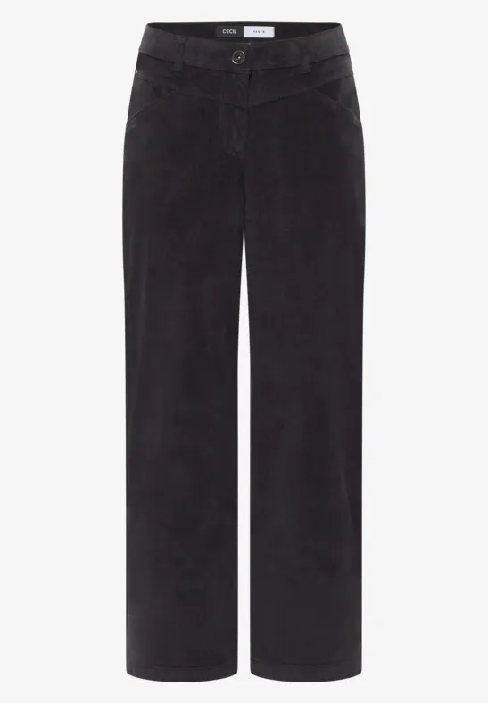 Pantalon en velours côtelé noir, coupe droite, passants de ceinture et poches latérales.