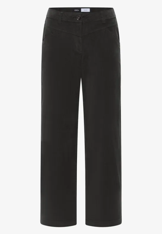 Pantalon noir à coupe décontractée, jambe large et taille mi-haute.