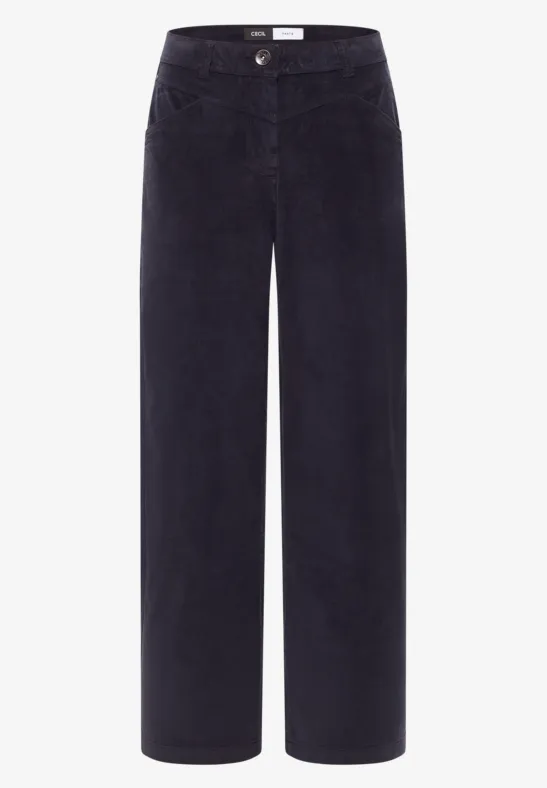 Pantalon en velours côtelé bleu foncé, coupe droite et taille haute