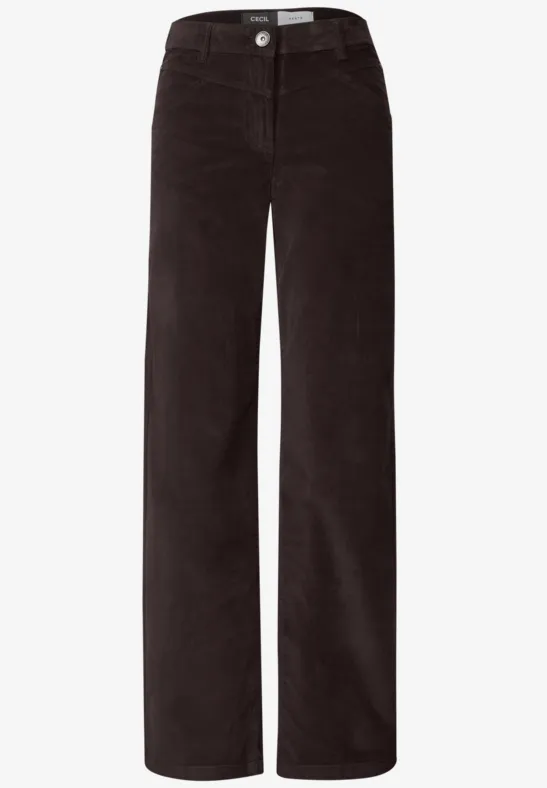 Schwarze Cordhose mit weitem Bein, hoher Taille und Knopfverschluss.