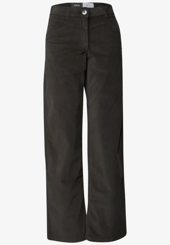 Schwarze, weite Cordhose mit hohem Bund und geradem Schnitt.