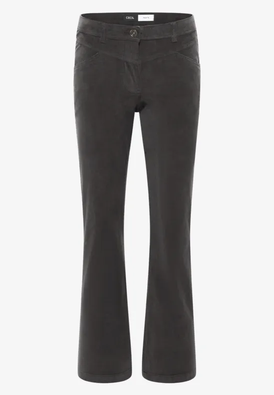 Pantalon en velours côtelé noir, coupe évasée, taille mi-haute avec bouton.