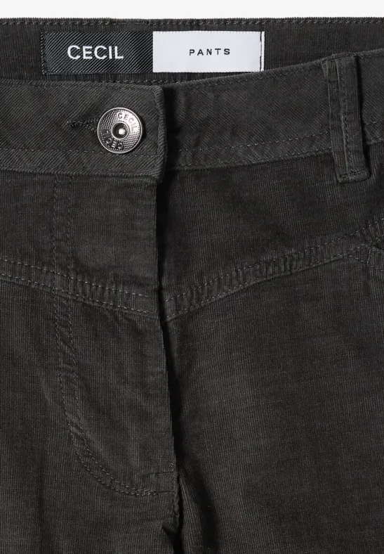 Pantalon noir en velours côtelé avec bouton, fermeture éclair, passants de ceinture et étiquette de marque 'CECIL'.