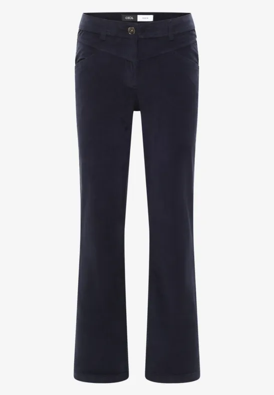 Pantalon femme bleu marine coupe évasée, taille mi-haute, poches et fermeture par bouton et glissière.