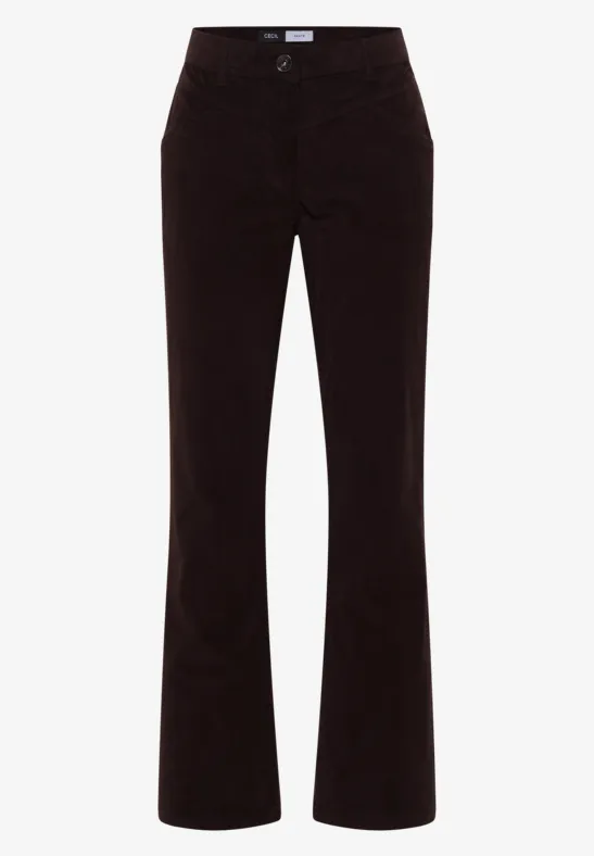 Schwarze Cordhose mit leicht ausgestelltem Bein und mittlerer Bundhöhe.