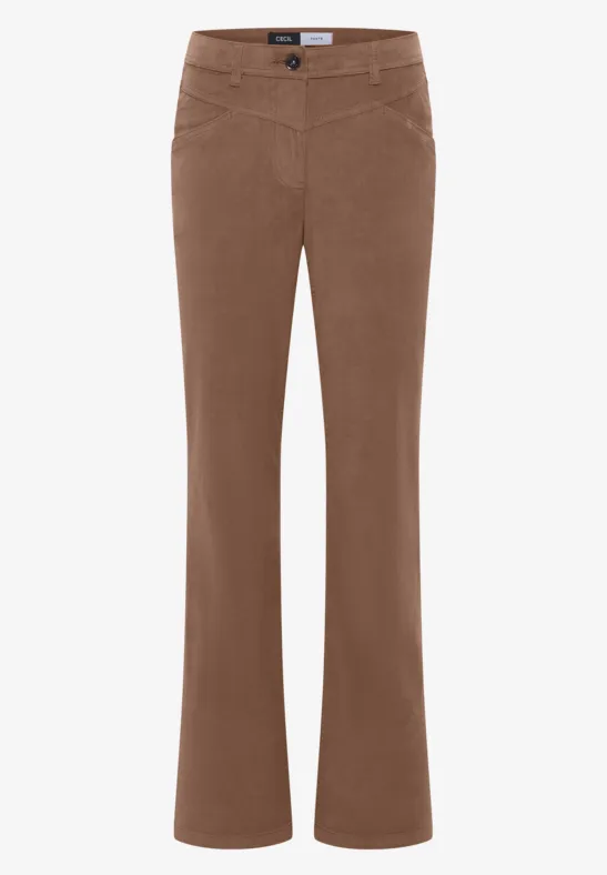Pantalon marron clair pour femme, taille mi-haute, jambe évasée.