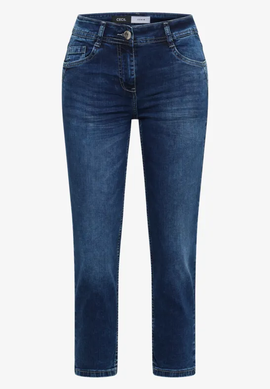 Donkerblauwe damesjeans met hoge taille, rechte pijpen, vijf zakken en riemlussen.