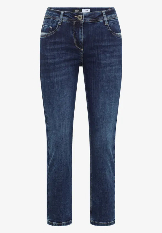 Dunkelblaue Jeans im klassischen Five-Pocket-Stil mit geradem Bein.