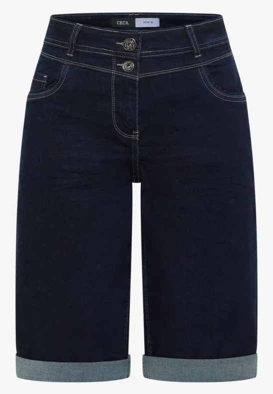 Dunkelblaue Jeans-Bermuda mit aufgekrempelten Säumen und Knopfleiste