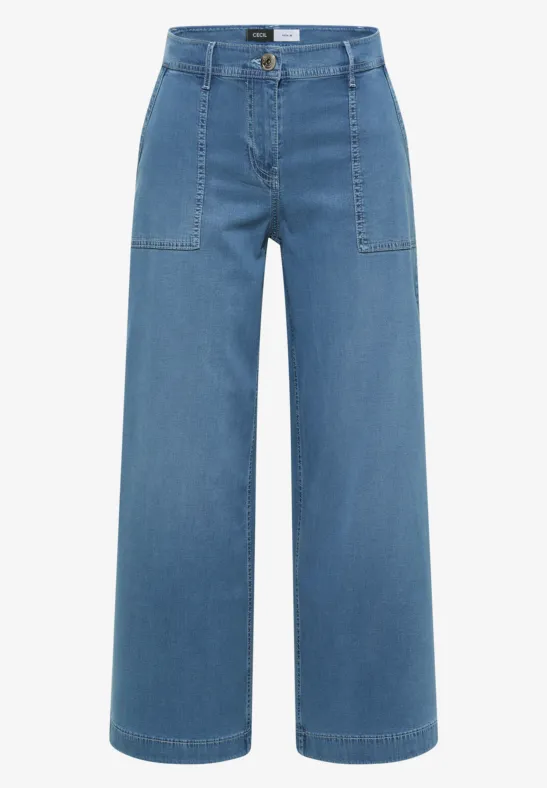 Pantalon en denim bleu taille haute, coupe ample, grandes poches plaquées à l’avant.