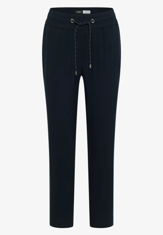 Pantalon noir long à taille élastiquée et coupe ajustée.