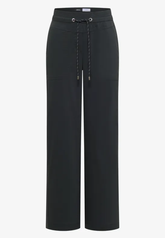 Schwarze, weite Hose mit Kordelzugbund und lockerem Schnitt.