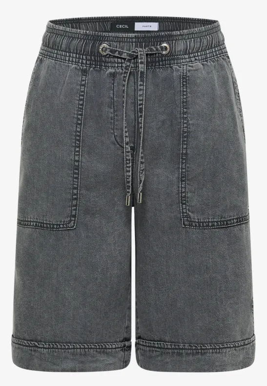 Lässige schwarze Denim-Shorts mit elastischem Bund, Kordelzug und aufgesetzten Taschen.