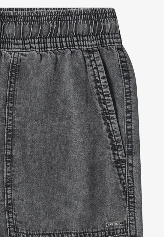Graue Jeanshose mit elastischem Bund und seitlicher Tasche im Used-Look